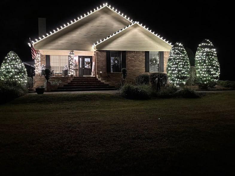 Home with warm white roofline and glowing wrapped trees